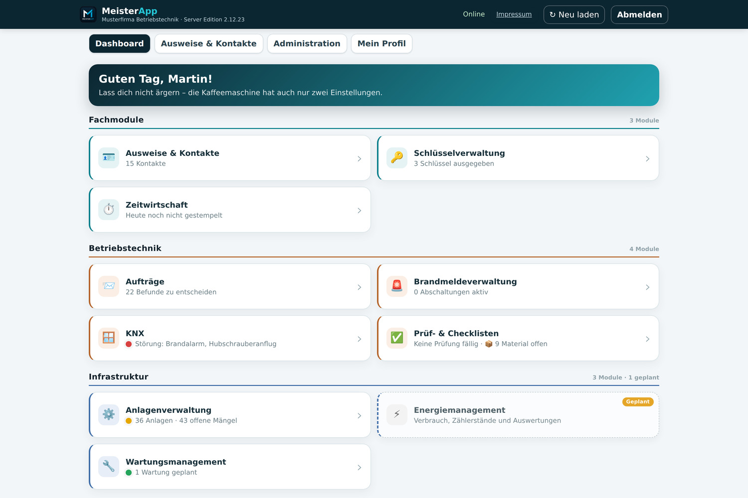 Oberfläche der WebMeisterApp mit Schlüsselhistorie, Ausweiserstellung und Update-System