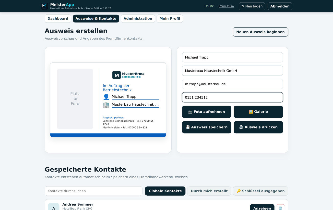 Ausweise & Kontakte in der WebMeisterApp