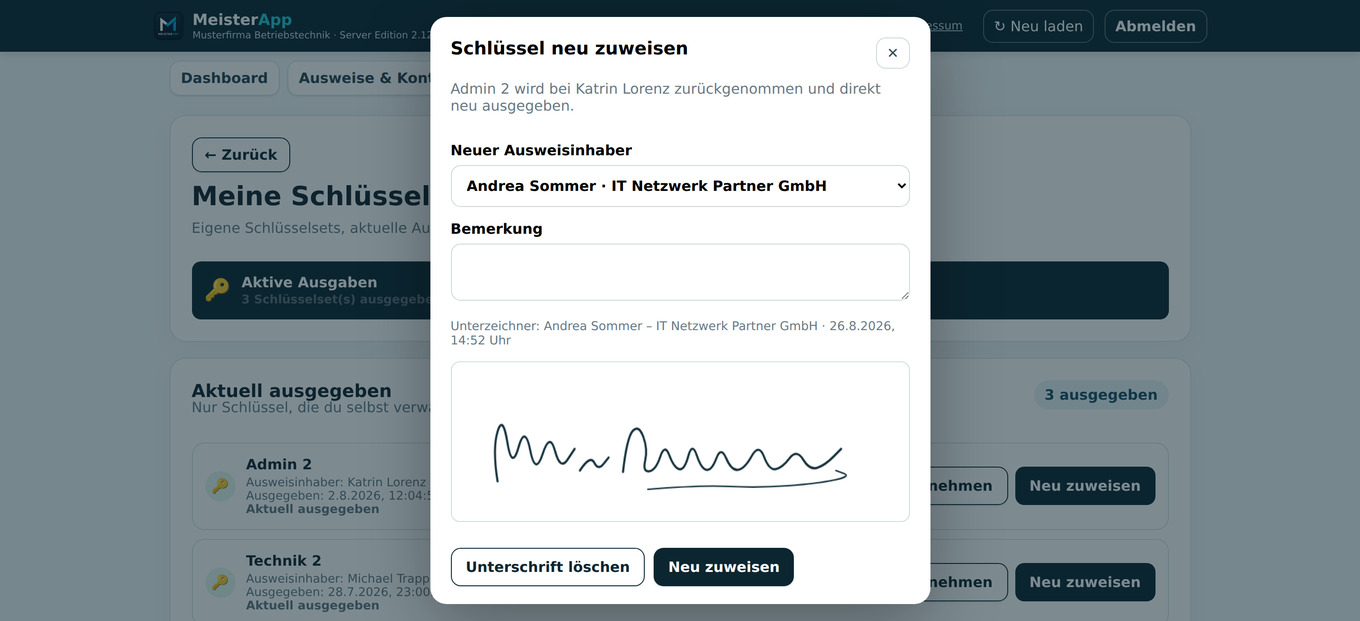Digitale Unterschrift bei der Schlüsselausgabe und der erzeugte Beleg
