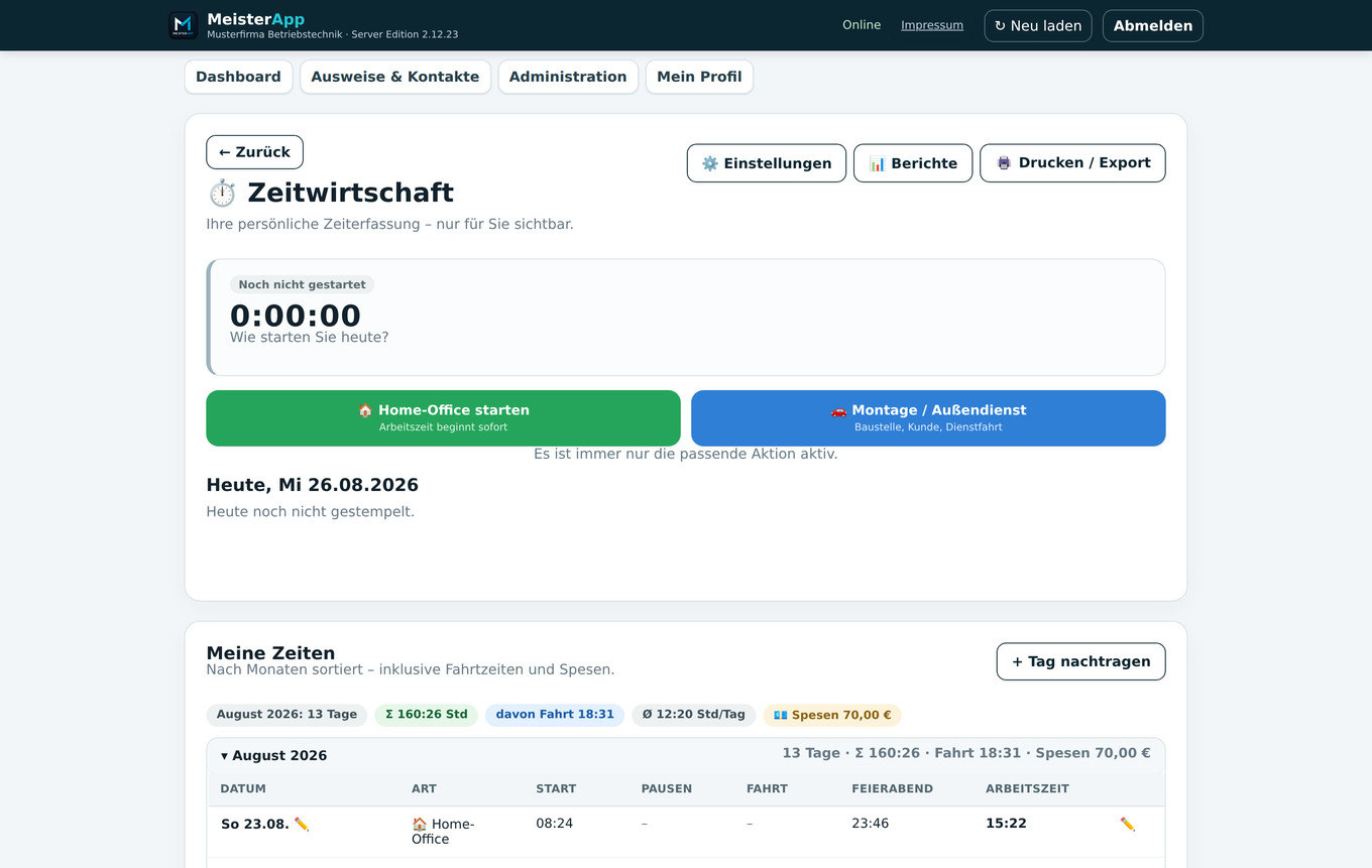 Zeitwirtschaft in der WebMeisterApp